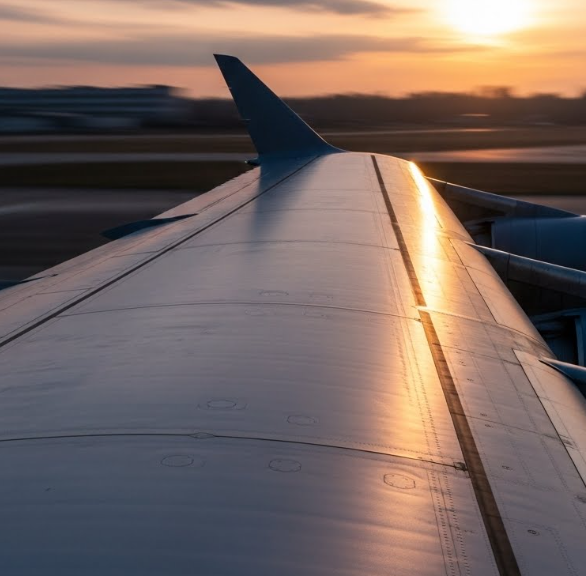 Asa de avião ao pôr do sol